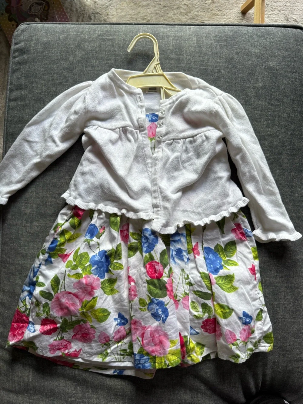Carter's White Floral Sundress with Pink Ribbon and Blue Accents